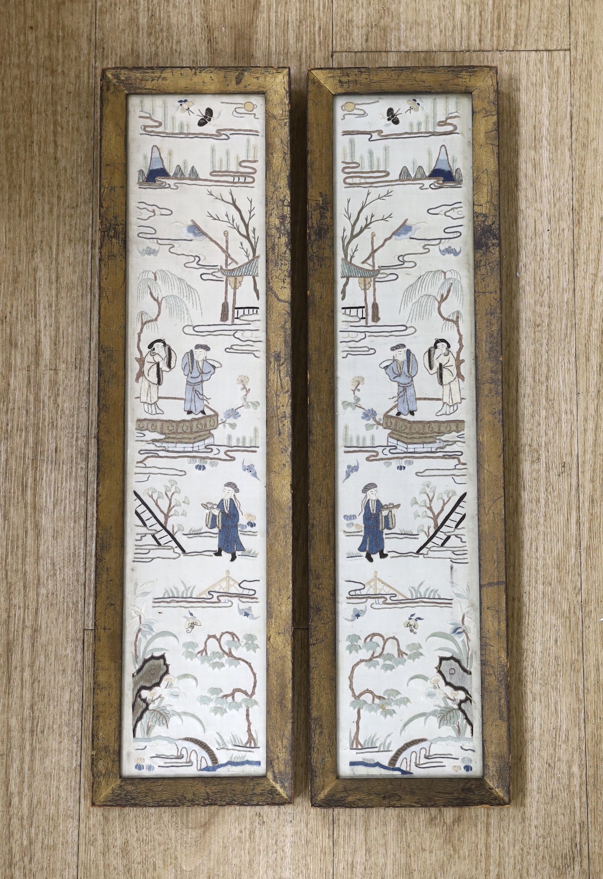 A pair of framed Chinese silkwork pictures, 53.5 x 14cm